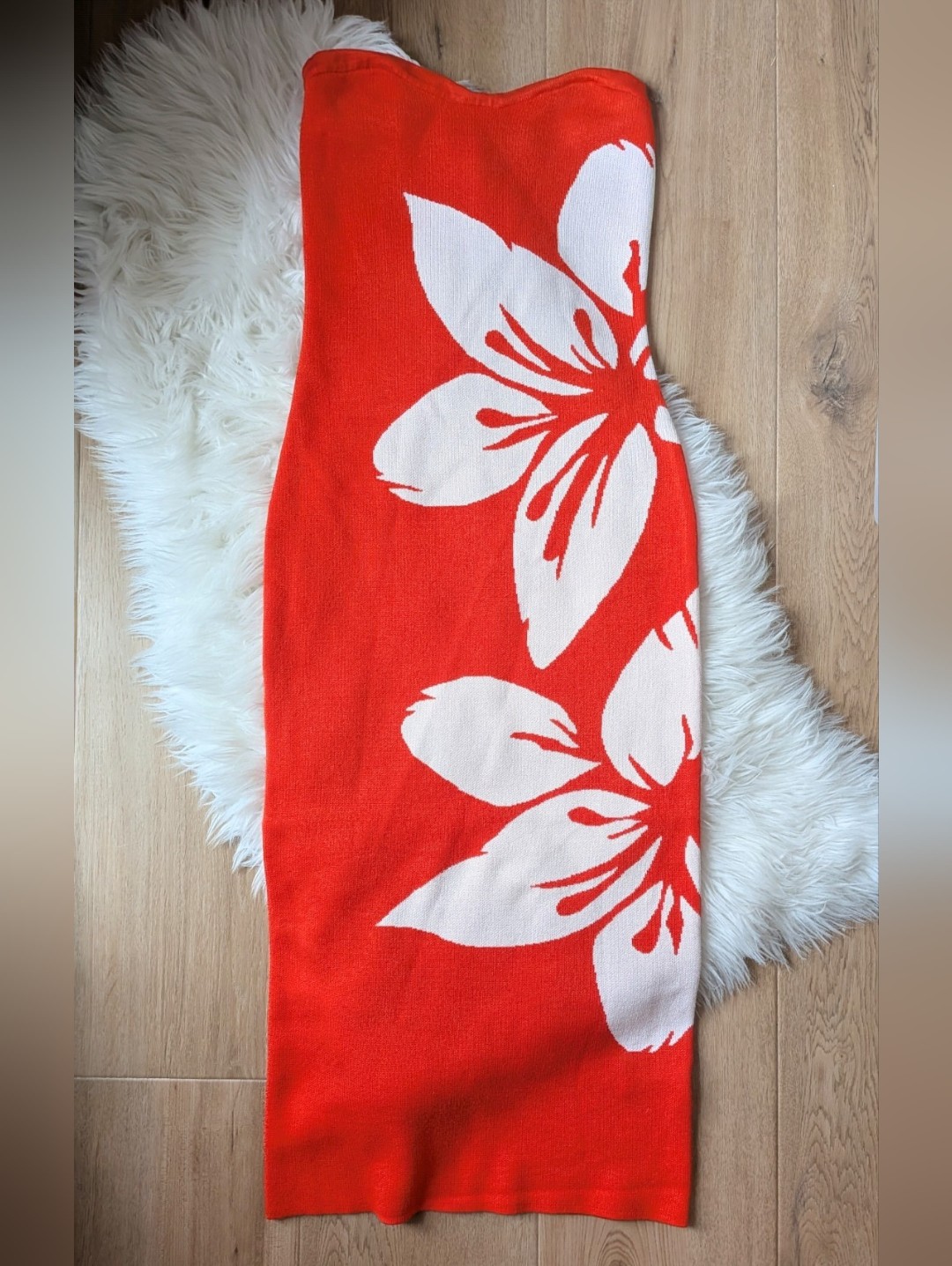 Madden Girl Red Tropical Floral Strapless Sweetheart Knit Maxi Dress